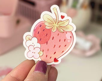 Adesivo a forma di Fragola, Vinile Semi-Gloss, Disegnato a Mano, Cancelleria Decorativa, Sticker per Laptop e Superfici Lisce