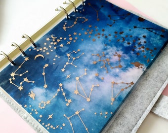 Vellum Planner Dashboard with Night Sky Print & Rose Gold Foil Constellations, Stars and Planets