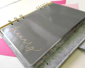 Monthly Planner Dividers for Ring & Disc Planners, Set of 12 Minimal Laminated Inserts With Rose Gold Foiled Script Text