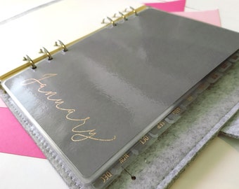 Monthly Planner Dividers for Ring & Disc Planners, Set of 12 Minimal Laminated Inserts With Rose Gold Foiled Script Text, Laminated