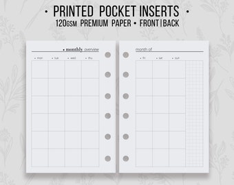 PRINTED Pocket Monthly Planner Inserts, Undated Agenda Refills, Minimal Style Pages