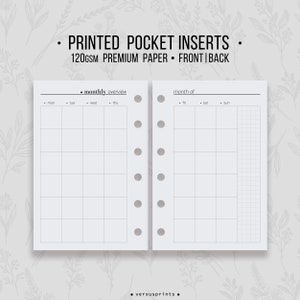 PRINTED Monthly View for Pocket Size Ring Planners, Undated Agenda Refills, Minimal Style Pages, 12 Months Overview On Two Pages