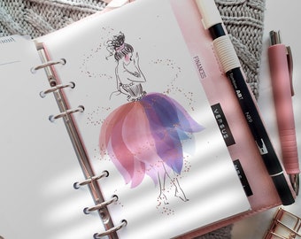 Ballerina Planner Dashboard, Handritad akvarell Dashboard för Ring- och Skivbundna Planners, Roséguldfolierade Glitter
