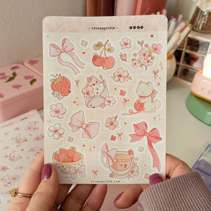 Adesivi Primaverili Fiori, Ciliegie e Fragole, per Planner e Agende, Adesivi Decorativi Scrapbooking, Disegnati a mano, Colori Pastello