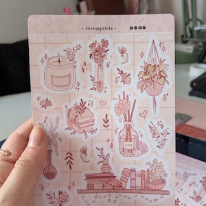 Boeken, kaarsen en bloemen plannerstickers, scrapbooking deco, gezellig esthetiek, neutraal palet, roze cottage-thema