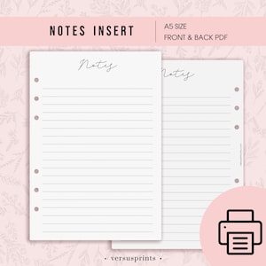 Printable Minimal Notes Insert for A5 Planners, Double Sided Sheet, Lined Insert, Instant Download PDF