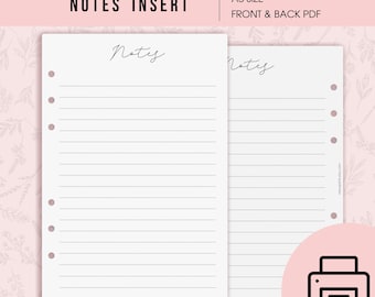 Printable Minimal Notes Insert for A5 Planners, Double Sided Sheet, Lined Insert, Instant Download PDF