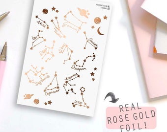 Zodiac Foil Stickers, Constellations Stickers, Astrology Planner Stickers, Foiled Stars Stickers, Rose Gold Foiled Stickers