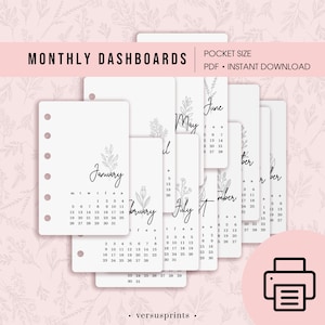 May include: White pocket-size monthly dashboard planner inserts with floral accents. Each month is displayed on a separate card, with the month's name in elegant script. The text "MONTHLY DASHBOARDS" is at the top, with "POCKET SIZE PDF • INSTANT DOWNLOAD".