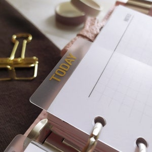 Today Bookmark with Matt Gold Vinyl Text, Clear Frosted PVC Tab for Ring Planners, Minimal Design, Custom Sizes Welcome