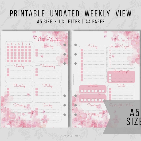 Printable Undated Weekly View for A5 Planners, Floral Watercolor Printable Inserts, Instant Download PDF
