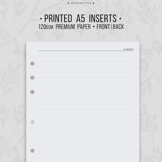 PRINTED A5 Notes Inserts, Lined Paper Pages, Minimal Planner Refills for 6-ring Planners, Front and Back