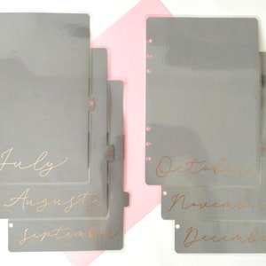 Intercalaires mensuels pour agendas pour bagues et disques, lot de 12 intercalaires laminés minimaux avec texte d'écriture en feuille d'or rose image 2