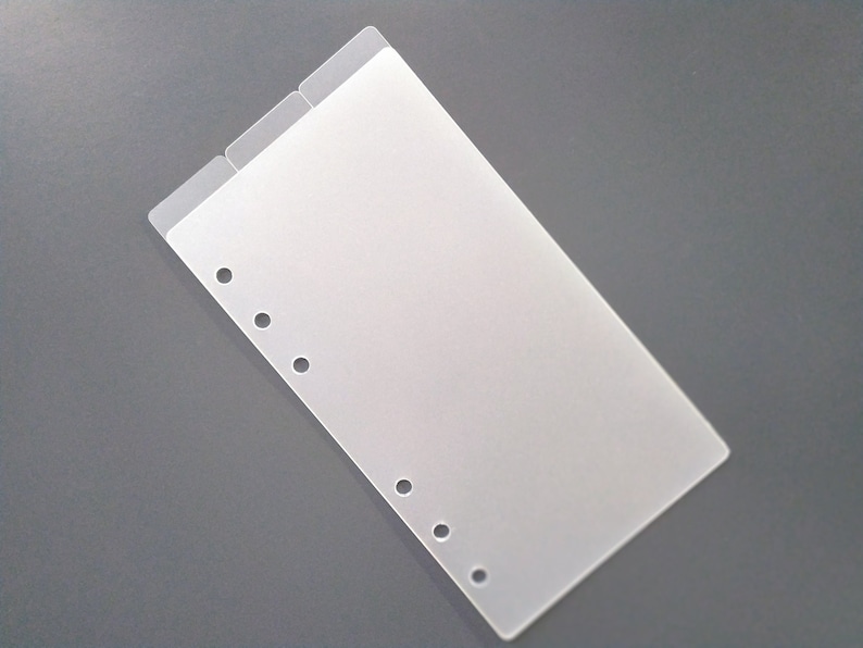 May include: A rectangular, translucent plastic planner divider featuring two top tabs and five circular punched holes along the left side. The divider is made of a smooth, frosted material and is designed to fit into a standard ring-bound planner system.