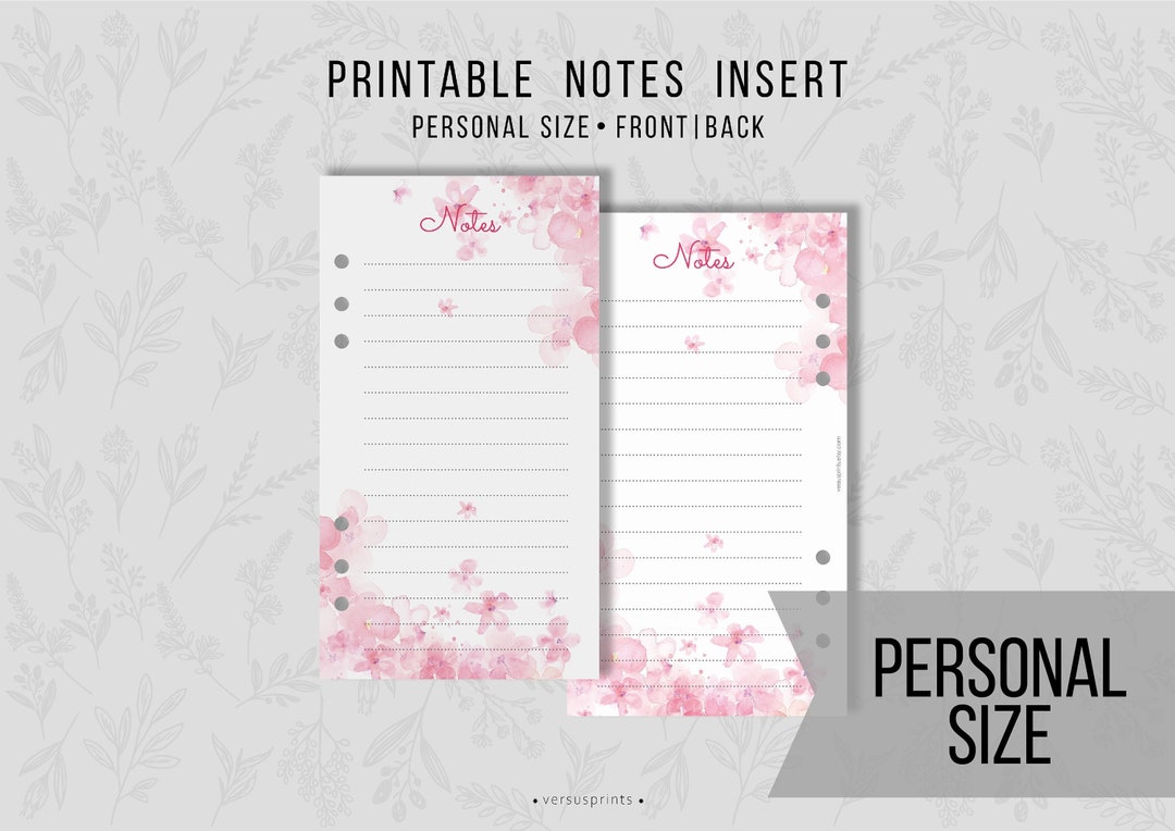 Printable Notes Insert for Personal Size Planners, Floral Background, Double-sided Insert ...