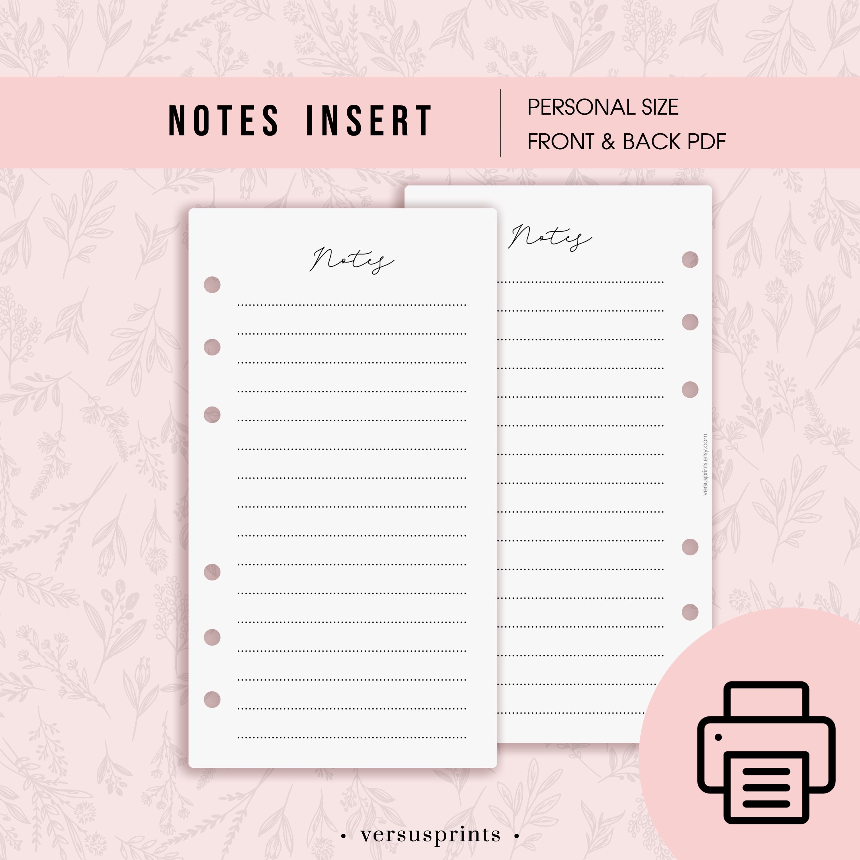 Printable Minimal Notes Insert for Personal Size Planners, Lined Insert ...