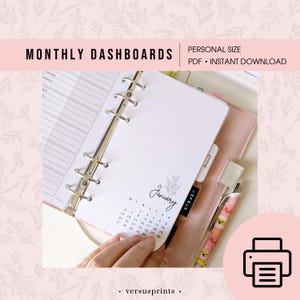 2026 Monthly Dashboards mit Kalender, druckbares Set mit 12 Einlagen für Personal Size Planner, Montag und Sonntag Start