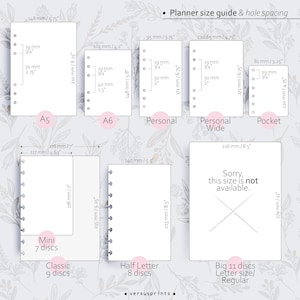 K&ouml;nnte beinhalten: Ein Planer-Gr&ouml;&szlig;enleitfaden und Lochabstandsdiagramm mit verschiedenen Papierma&szlig;en in Millimetern und Zoll. Es enth&auml;lt die Formate A5, A6, Personal, Personal Wide, Pocket, Mini, Classic, Half Letter sowie einen Hinweis zur Nichtverf&uuml;gbarkeit f&uuml;r Big 11.