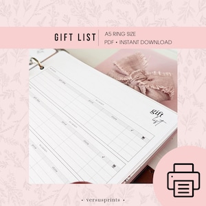 May include: A5 ring size gift list printable with a pink background. The white paper has a grid layout for recording gift ideas, prices, and store information. The words "GIFT LIST" are at the top, with "PDF • INSTANT DOWNLOAD" below. A pink bow is visible.