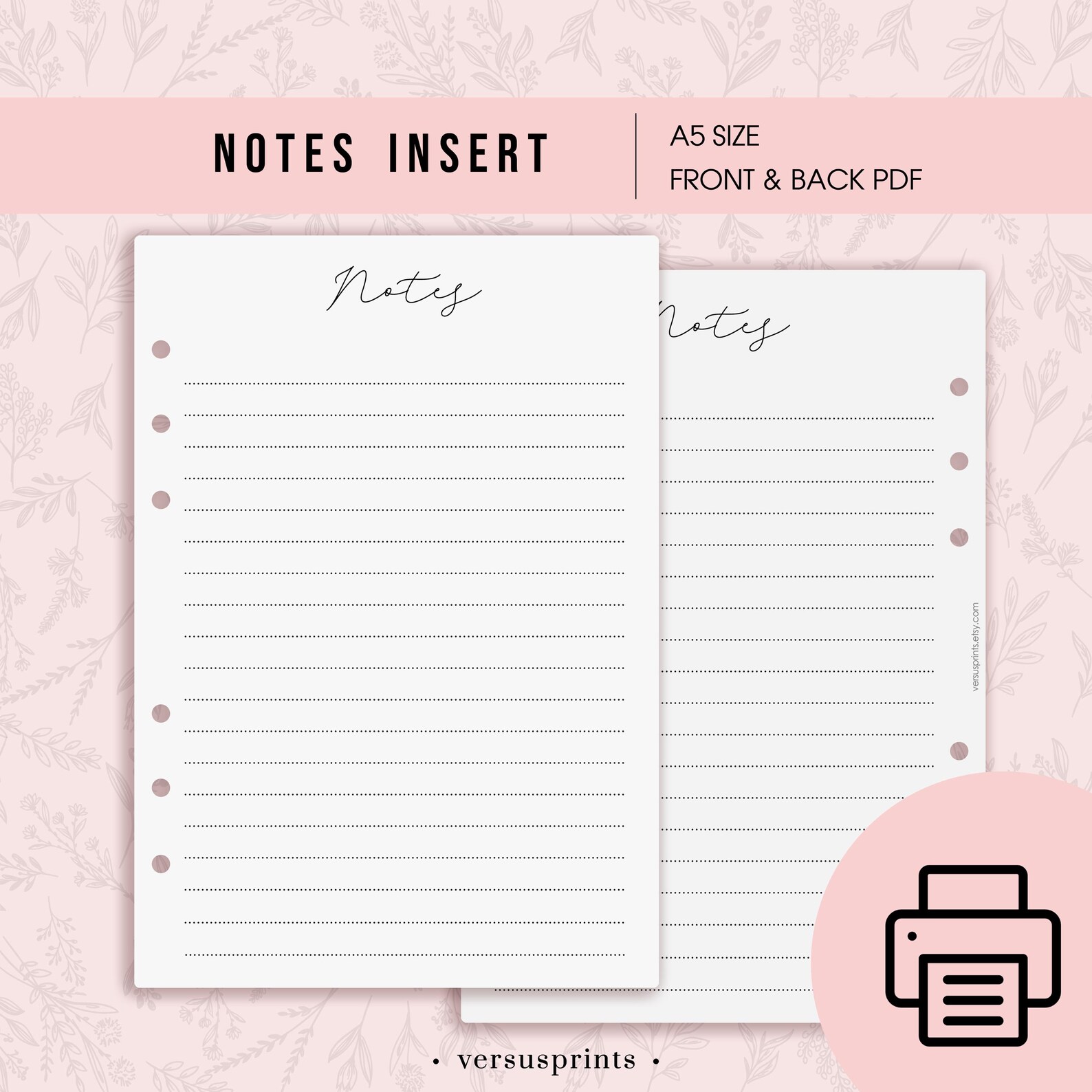 Printable Minimal Notes Insert for A5 Planners, Double Sided Sheet ...