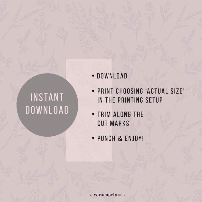 Puede incluir: Gr&aacute;fico de descarga digital rosa claro con motivos florales. La imagen incluye instrucciones: Descargar, Imprimir eligiendo 'tama&ntilde;o real', Recortar a lo largo de las marcas de corte y Perforar y disfrutar. Las palabras "Descarga instant&aacute;nea" est&aacute;n en un c&iacute;rculo gris.