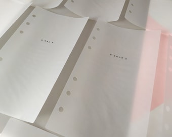 Monthly Dashboards, Set of 12 Minimal Black and White Vellum Inserts for Ring and Discbound Planners