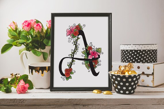 Letter A Print Monogram Printable Wall Art Floral Wall | Etsy