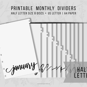 Printable Half Letter Monthly Planner Dividers, Set 12 Minimal Tabbed Inserts, Instant Download PDF