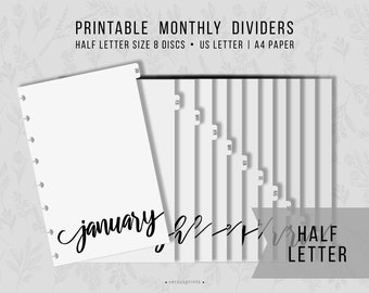 Printable Half Letter Monthly Planner Dividers, Set 12 Minimal Tabbed Inserts, Instant Download PDF