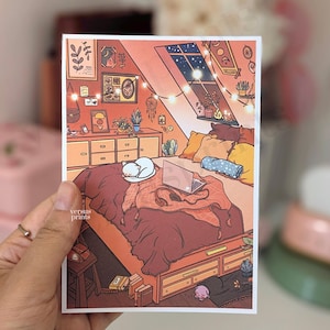 Stampa Artistica Stanza / Studio, Illustrazione Digitale Originale, Cozy Aesthetic, Palette di Colori Caldi, 4 Dimensioni Disponibili