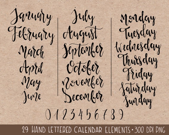Clipart di sovrapposizione di mesi, clipart di elementi di calendario con scritte a mano, sovrapposizione di calligrafia, decorazioni di biglietti e ...