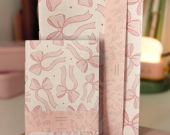 Pink Bows Notebook, Hand Stitched, A5 and A6 Sizes Available, 60 Pages (30 Sheets), Original Hand drawn Design