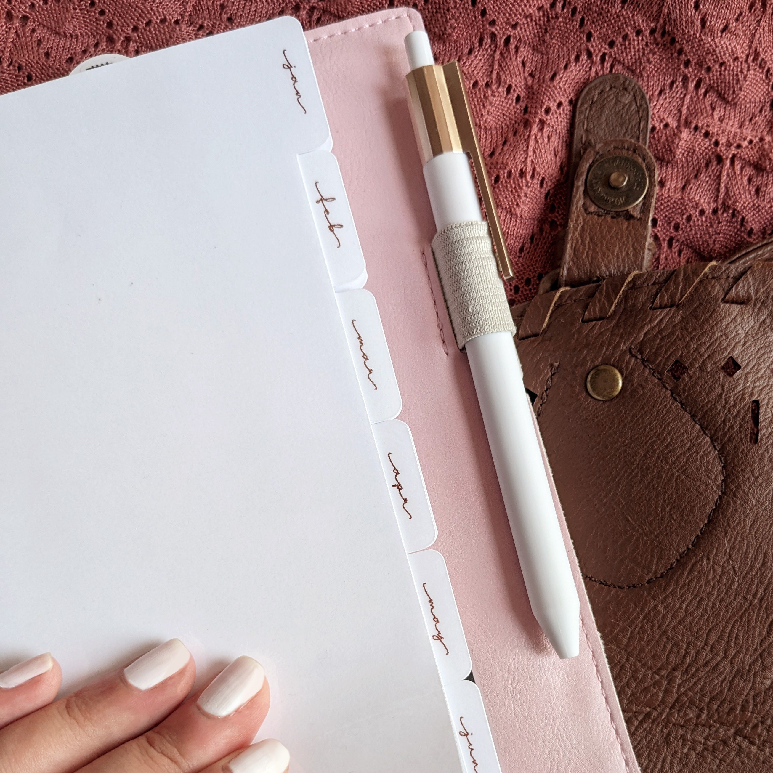Monthly White Planner Dividers With Rose Gold Script Text, Laminated Premium Paper Inserts For A5, Personal, Wide and Pocket & Discbound