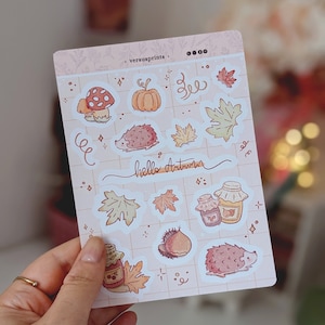 Adesivi Autunnali per Planner e Agende, Sticker Decorativi Stagionali, Foglie e Zucche, Sticker Acquerello