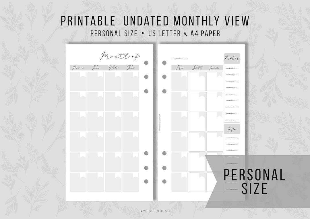 Printable Monthly View for Personal Size Planners, Minimalist Inserts ...