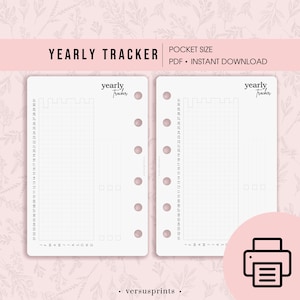 Puede incluir: Dos insertos de seguimiento anual de bolsillo con un dise&ntilde;o de cuadr&iacute;cula y el texto "Yearly Tracker". Los insertos tienen un fondo floral rosa y est&aacute;n etiquetados como "Pocket Size" y "PDF - Instant Download."