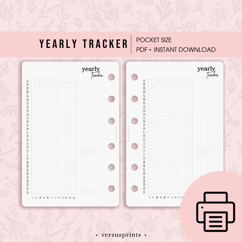 Puede incluir: Dos insertos de seguimiento anual de bolsillo con un dise&ntilde;o de cuadr&iacute;cula y el texto "Yearly Tracker". Los insertos tienen un fondo floral rosa y est&aacute;n etiquetados como "Pocket Size" y "PDF - Instant Download."