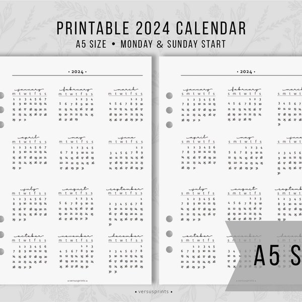 Printable 2024 Calendar for A5 Planners, Yearly View Insert with Sunday & Monday Start