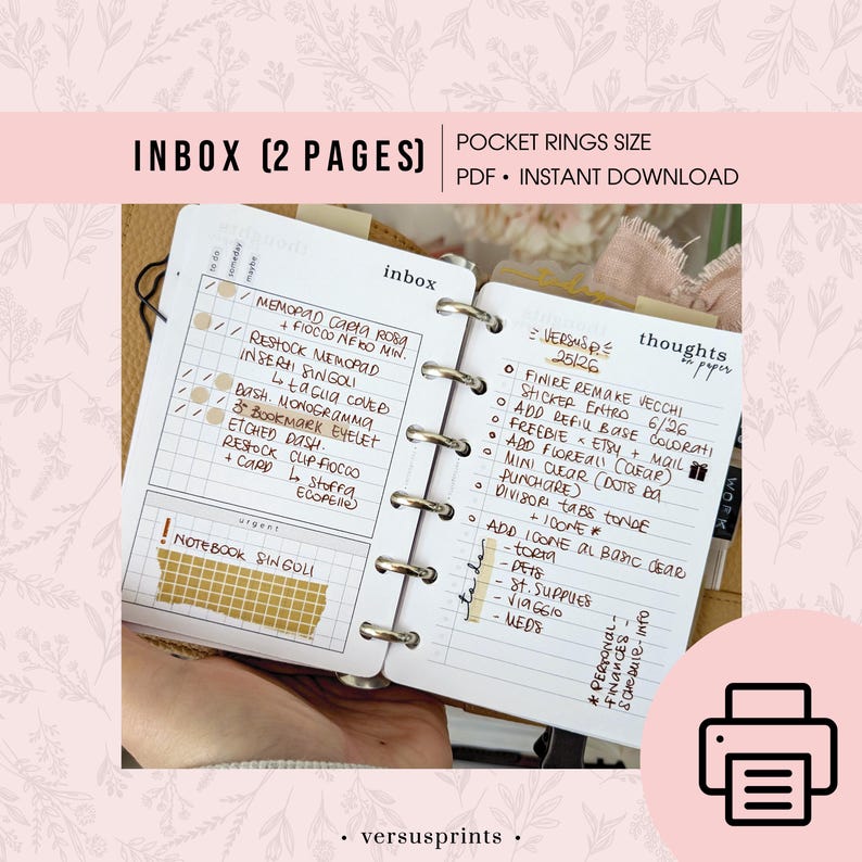 Inbox Inotes Inbox on 2 Pages for Pocket Rings, Printable Planner Insert ...