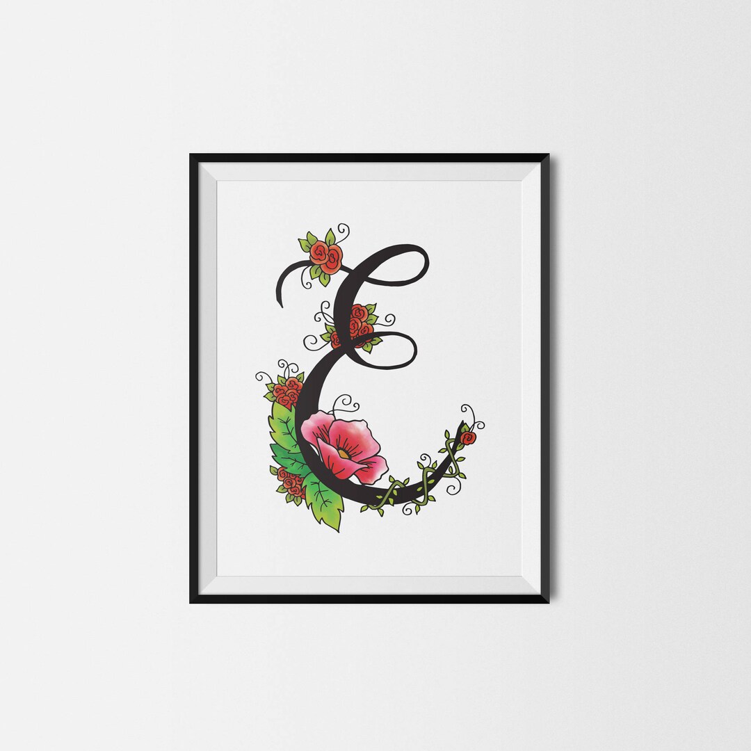 Letter E Printable Floral Initial Wall Art Monogram Print Etsy