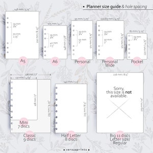 May include: A planner size guide and hole spacing chart displaying various paper dimensions in millimeters and inches. It includes A5, A6, Personal, Personal Wide, Pocket, Mini, Classic, and Half Letter sizes, plus a note for unavailable Big 11 discs.