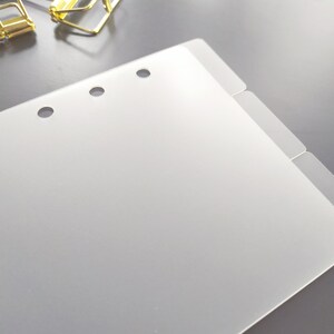 May include: A set of translucent, frosted plastic planner dividers with rounded corners and three circular punched holes along the left edge. Each divider features a protruding tab on the right side for organization, providing a clear view.