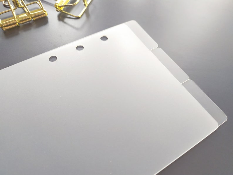 May include: A set of translucent, frosted plastic planner dividers with rounded corners and three circular punched holes along the left edge. Each divider features a protruding tab on the right side for organization, providing a clear view.