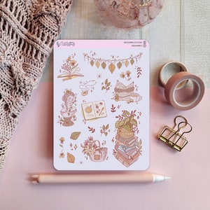 Folha de adesivos, adesivos decorativos desenhados à mão, adesivos para amantes de livros e autocuidado, paleta de cores neutras