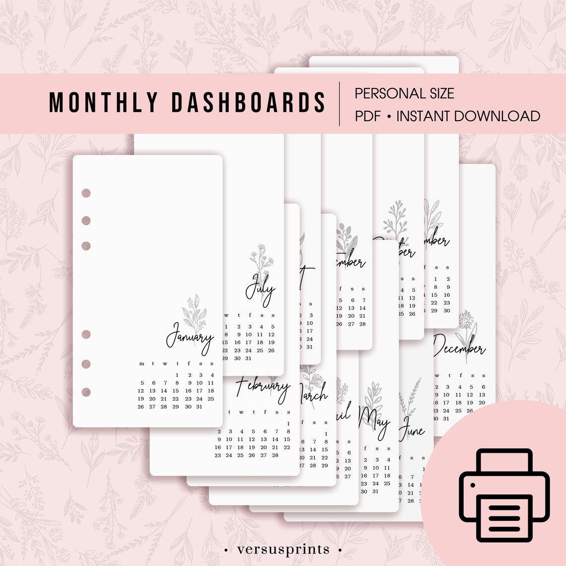 2026 Monthly Dashboards With Calendar, Printable Set of 12 Inserts for ...