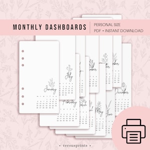 Può includere: Pagine bianche del pianificatore mensile con accenti floreali. Le pagine sono etichettate con i mesi dell'anno, da gennaio a dicembre. Il testo "MONTHLY DASHBOARDS" è in alto, con "PERSONAL SIZE" e "PDF • INSTANT DOWNLOAD" a destra.