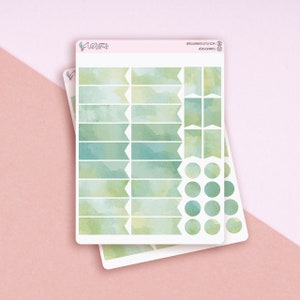 Etichette Basic Acquerello Tonalità Verde e Azzurro, Set di Adesivi Funzionali per Agende e Journal, Flags e Dots