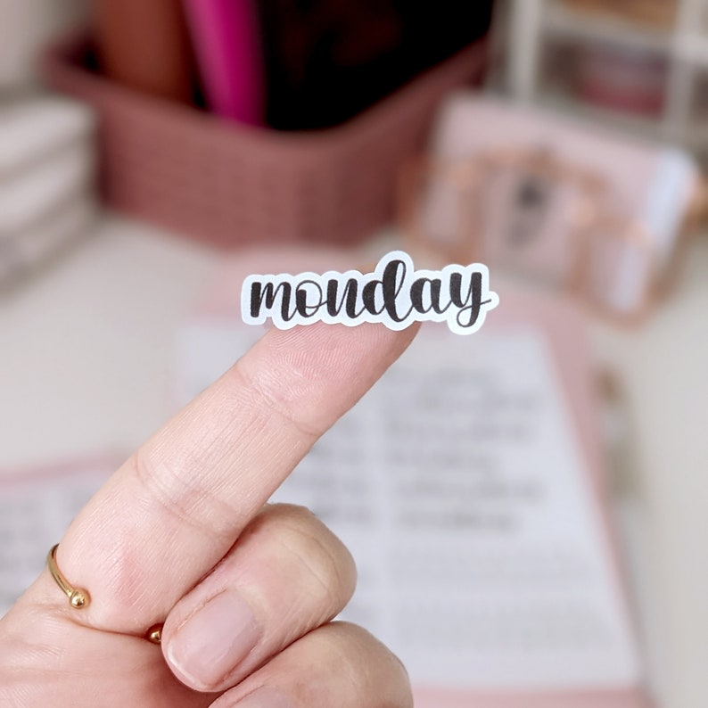May include: A white sticker with the word "monday" written in black cursive lettering.