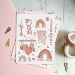 Decoratieve stickers in boho-stijl, macramè-esthetiek, plakboekstickers voor planners warm kleurenpalet