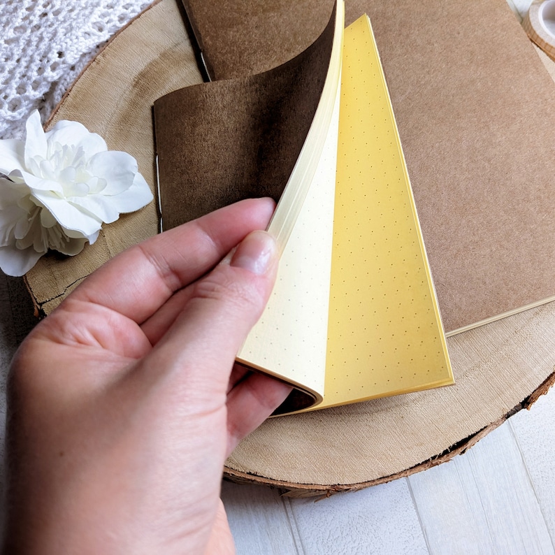 Refill till anteckningsblock med ljusgult papper och brunt kartongomslag, handsydd anteckningsbok, 60 sidor, prickad, linjerad, rutmönster eller slät, alla storlekar bild 1